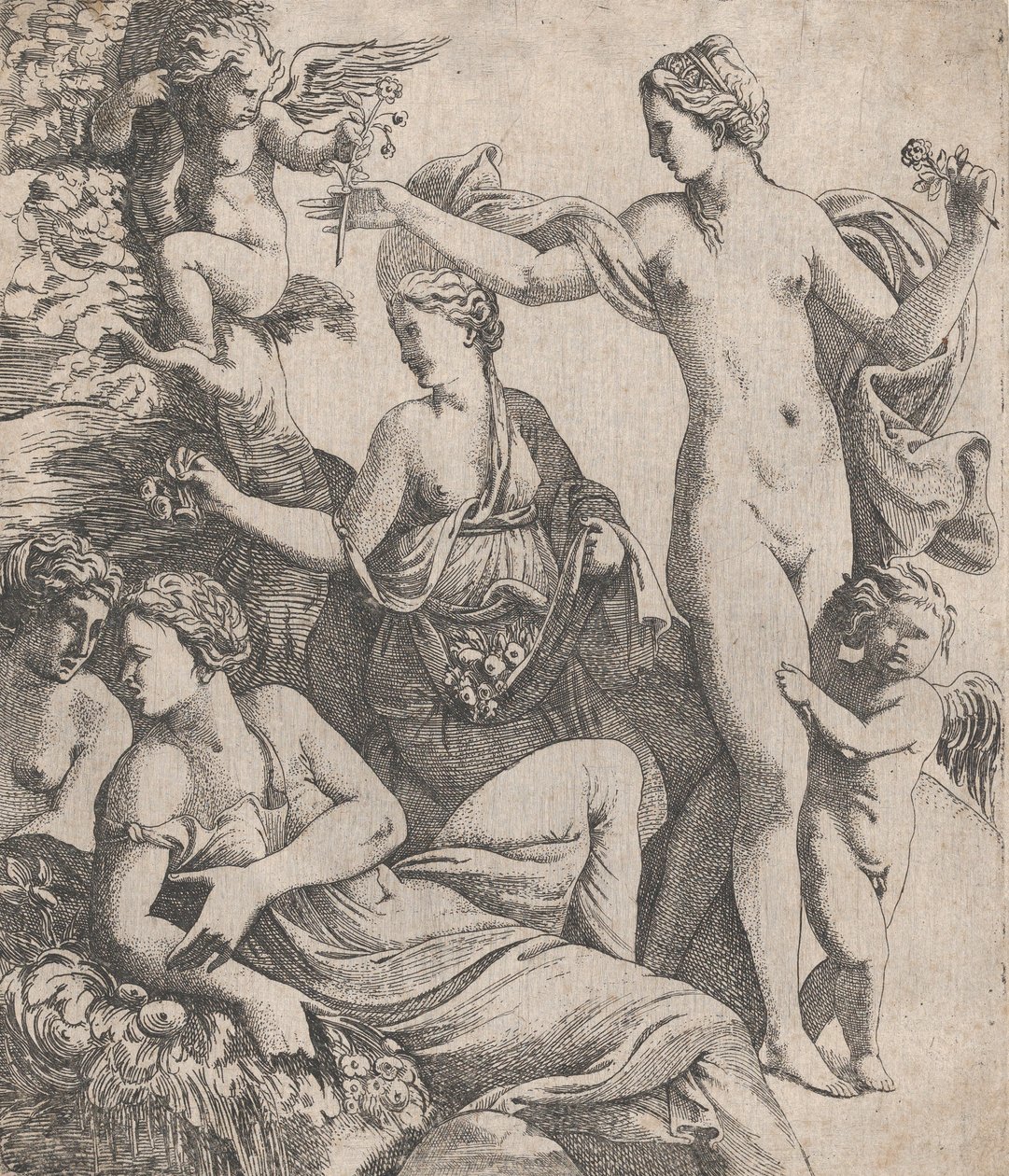 Venuši, stojící se třemi Gráciemi, je nabídnuta květina z putta, 1607-61. od Pierre Biard