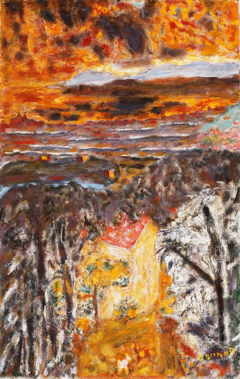 Krajina, Růžový dům, Západ slunce; Krajina, Růžový dům, Západ slunce, cca 1934 (olej na plátně) od Pierre Bonnard