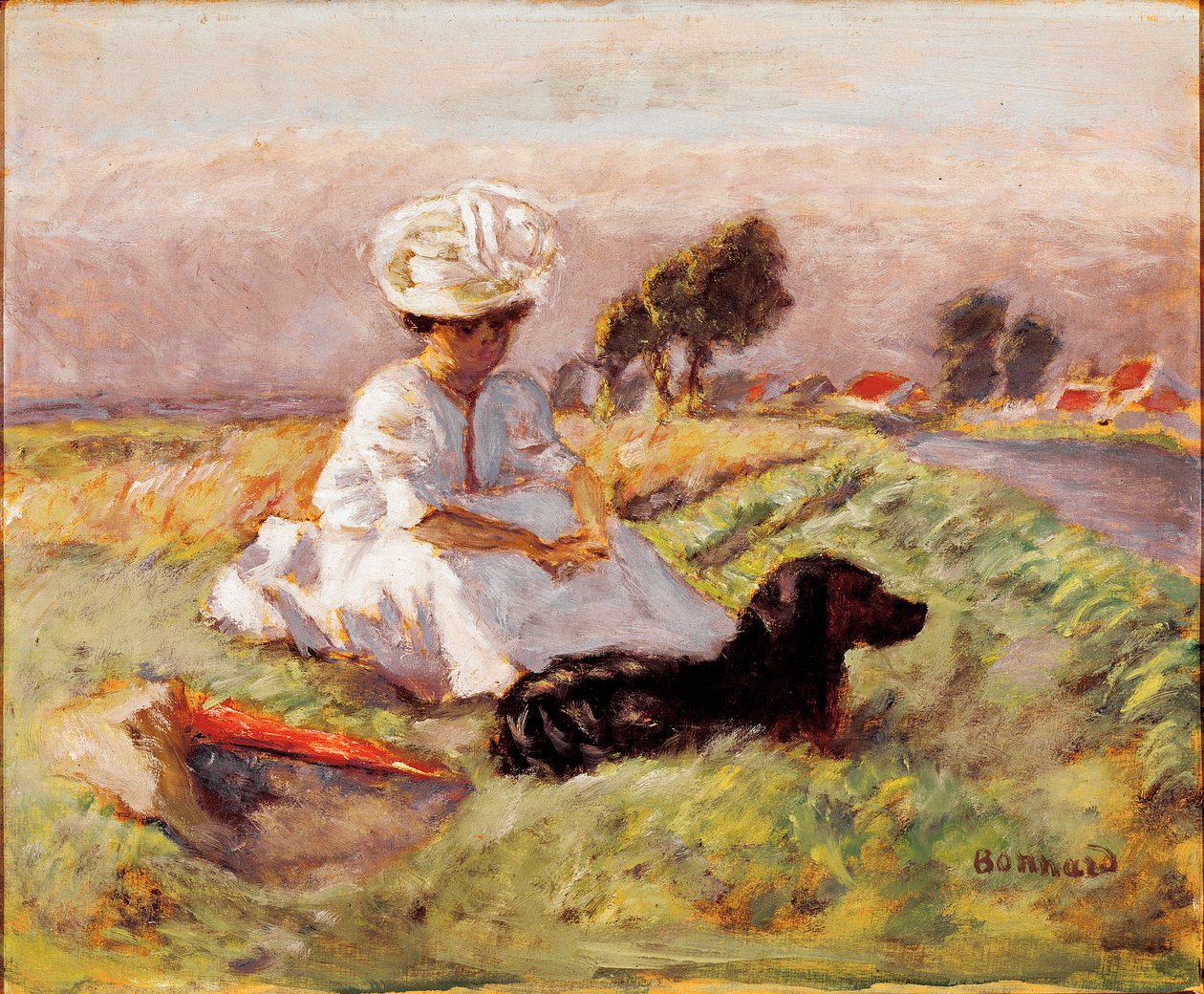 Madame Bonnard Malířova žena sedí ve střetu se svým psem. Obraz Pierre Bonnard od Pierre Bonnard