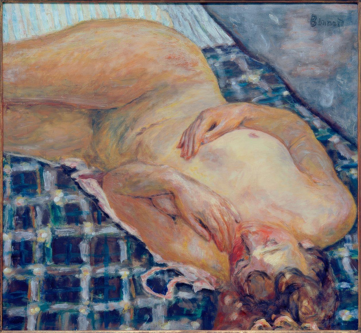 Ležící nahý, bílé a modré kostkované pozadí od Pierre Bonnard