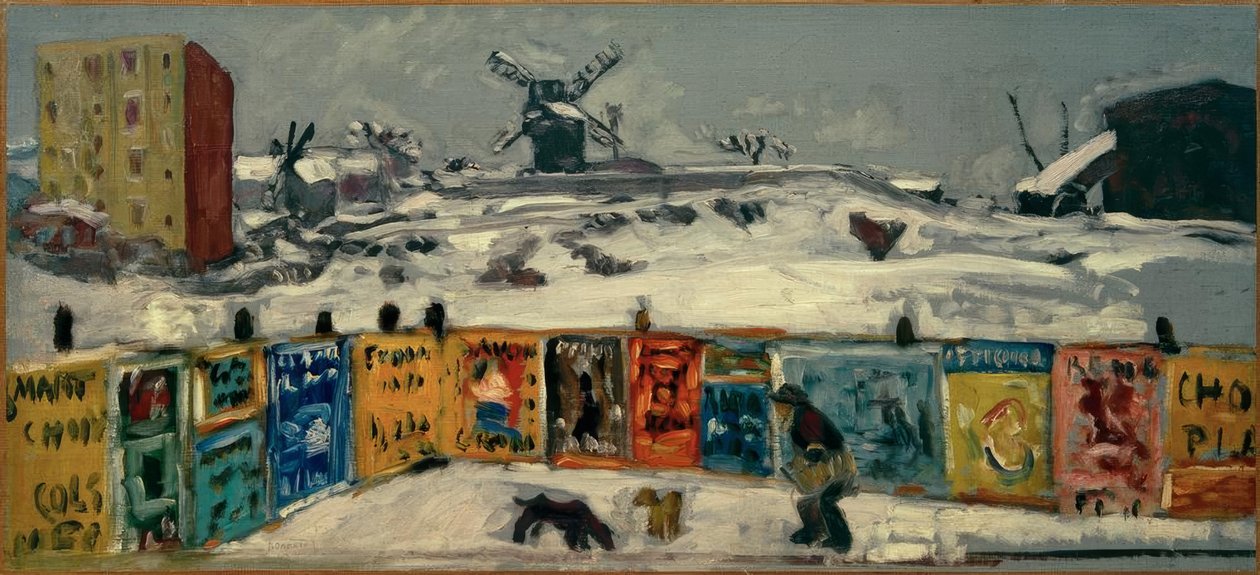 Palisáda, plakáty (Palisáda pokrytá plakáty a staré mlýny na Montmartru pod sněhem) od Pierre Bonnard