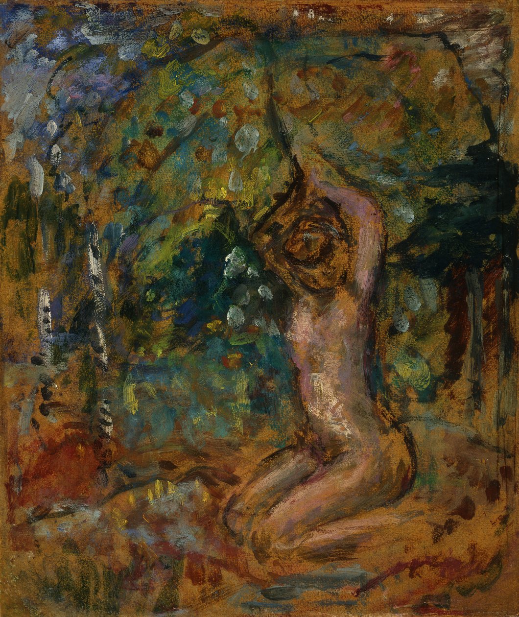 Malý akt se vztyčenými pažemi, v krajině, kolem roku 1907 (malba lepidlem na desce položené na panelu v kolébce) od Pierre Bonnard