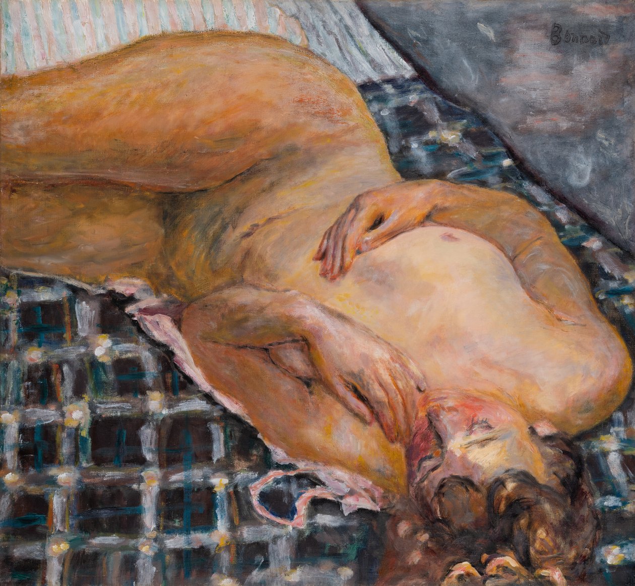 Ležící akt na bílém a modrém plátně, asi 1909 (olej na plátně) od Pierre Bonnard