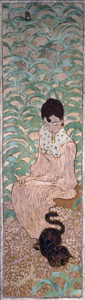 Sedící žena s kočkou, jeden ze čtyř panelů Ženy v zahradě, 1891 (olej na papíře na plátně) od Pierre Bonnard