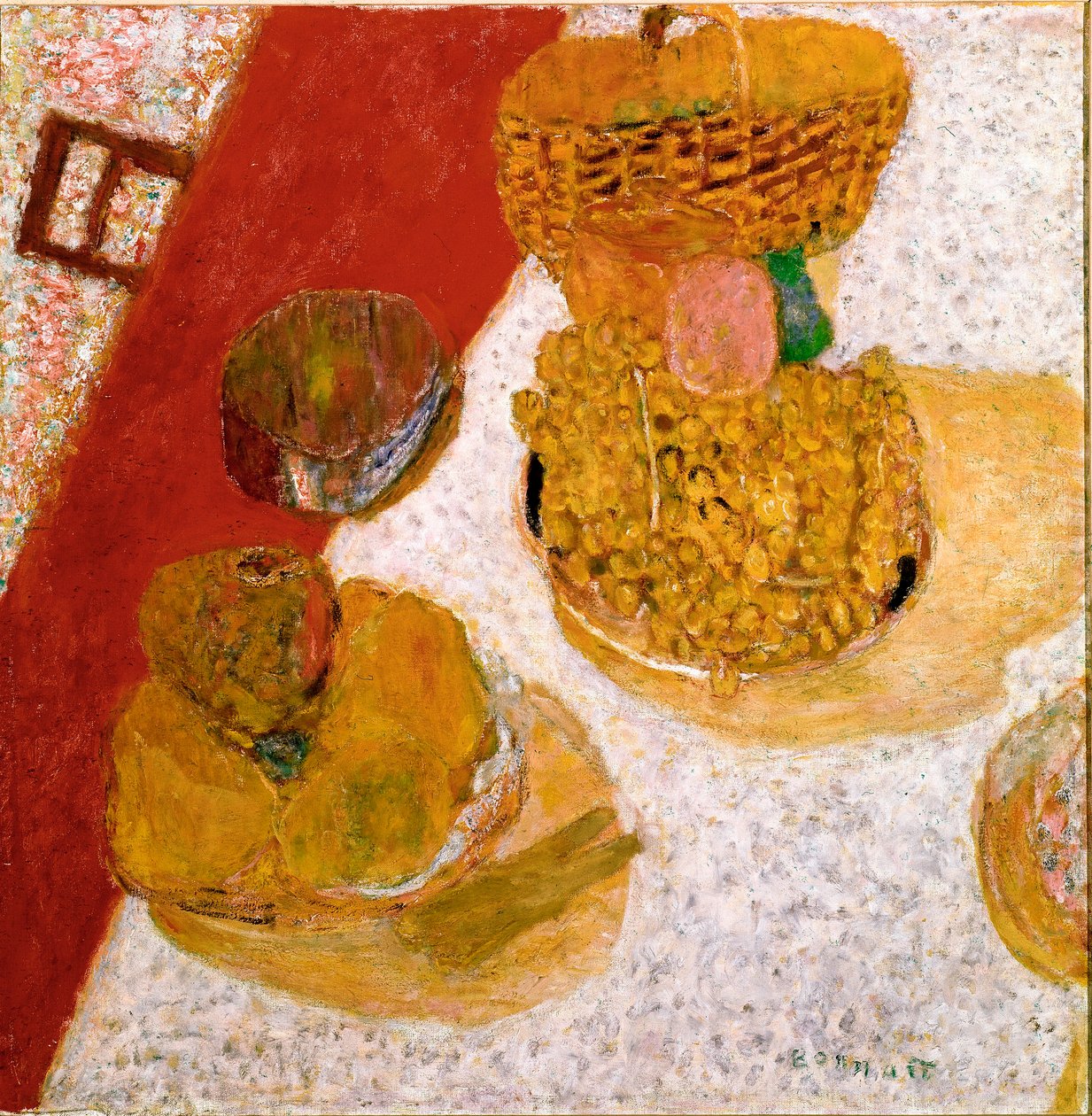 Roh stolu Zátiší ovoce. Obraz Pierra Bonnarda (1867-1947) 1935 Rozm. 67x63,5 cm Paříž, Musee national d