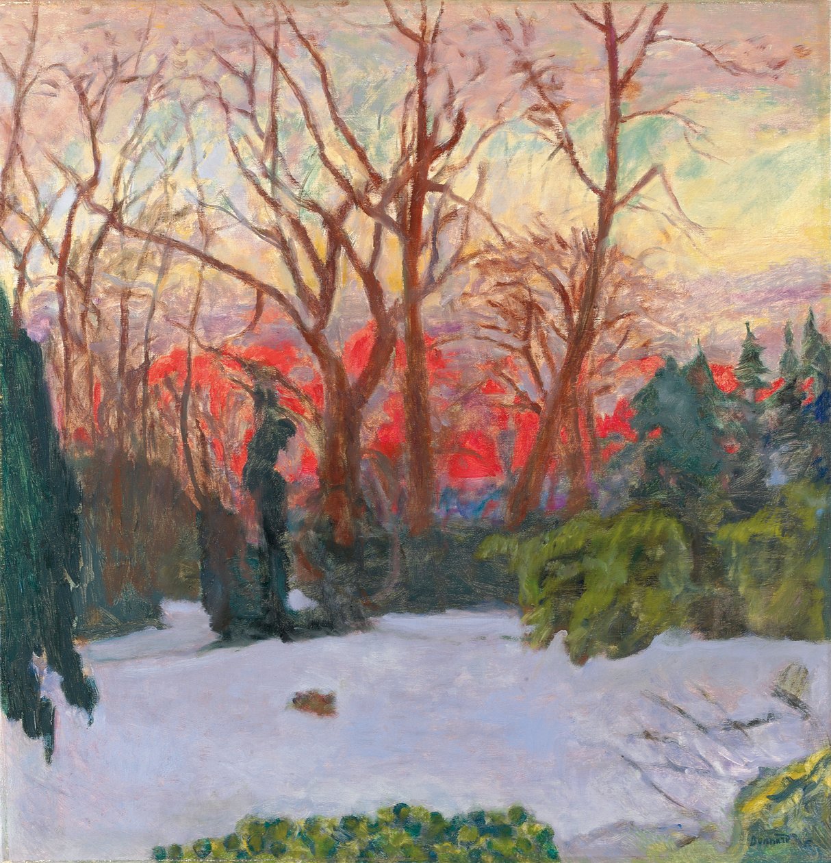 Zahrada pod sněhem, západ slunce; Zahrada ve sněhu, zapadající slunce, cca 1910 (olej na plátně) od Pierre Bonnard