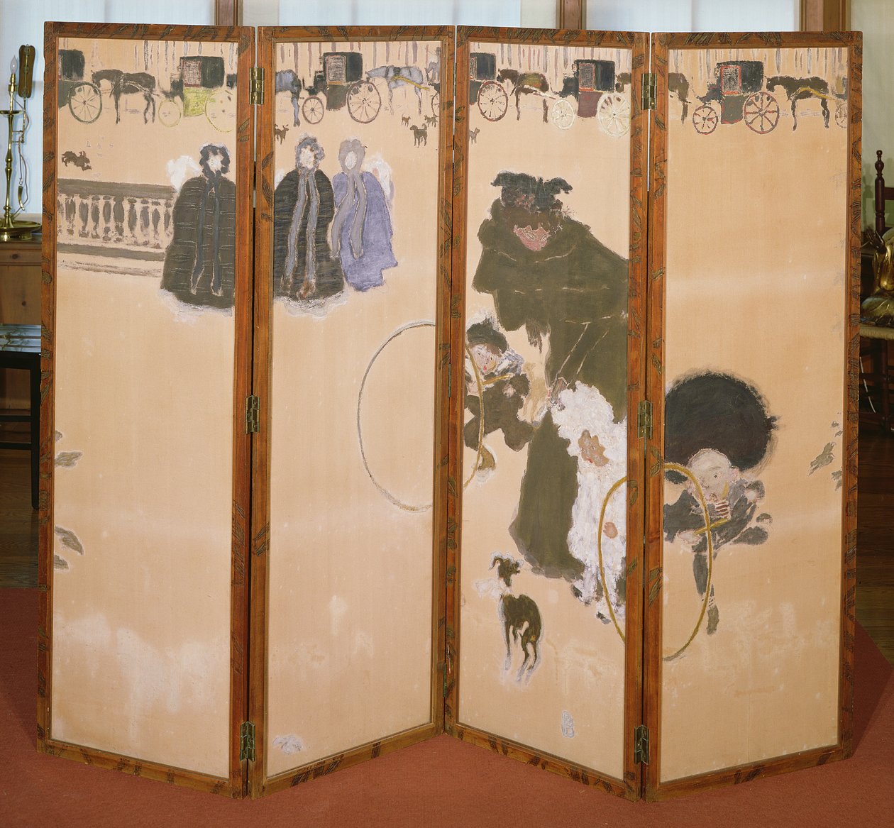 Chůvy na procházku aneb Frieze of Hackney Carriages, skládací plátno ve 4 panelech, 1899 (barevné tisky na dřevěném plátně) od Pierre Bonnard