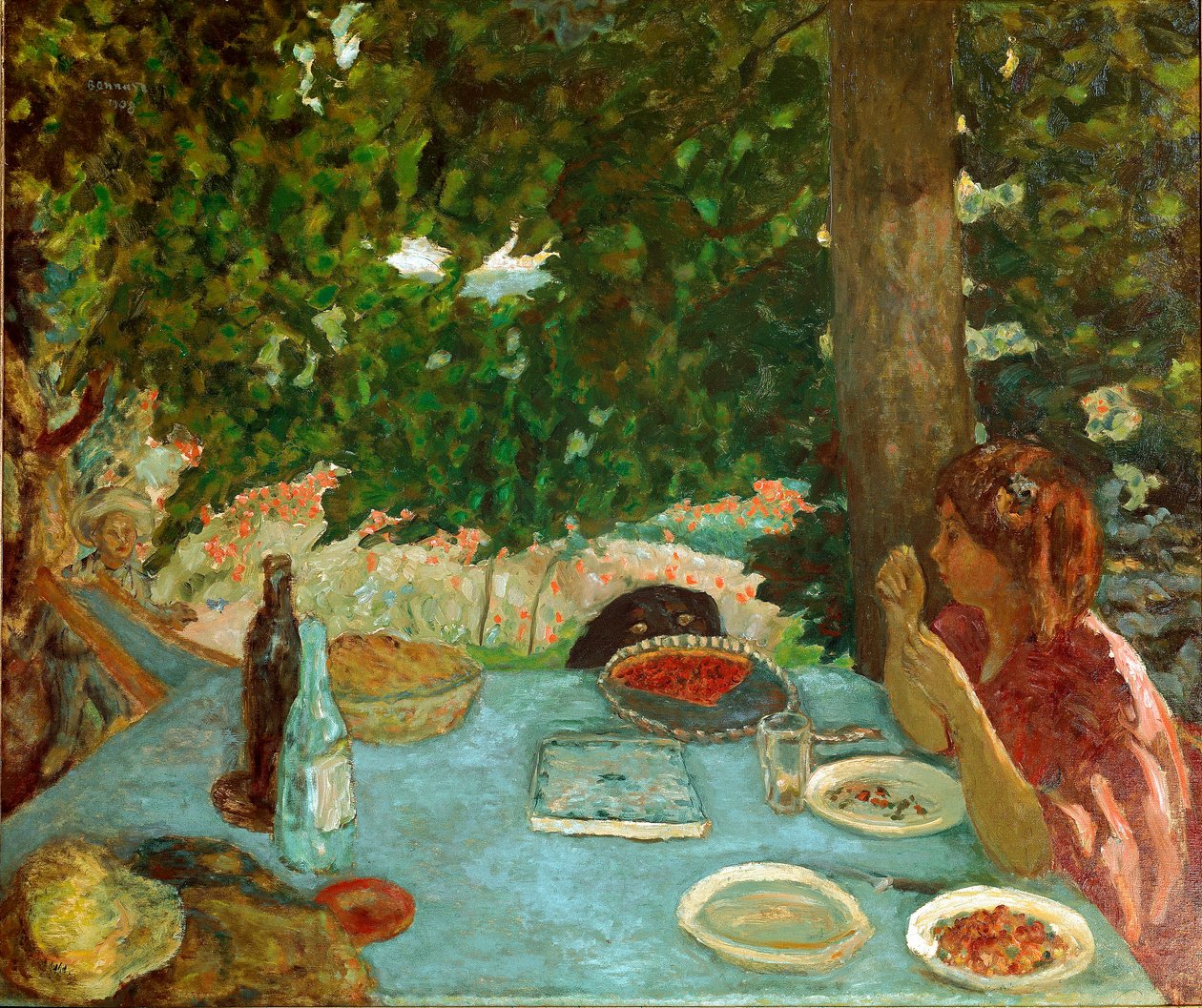 Třešňový koláč Mladá žena sedící má stůl v zahradě. Obraz Pierra Bonnarda (1867-1947) 1908 Rozm. 115x126 cm Curych, kolekce Peter Nathan od Pierre Bonnard