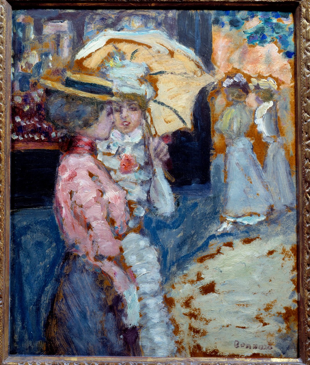 Procházka Dvě elegantní mladé ženy oblečené v módě Belle Epoque mluví pod deštníkem. Obraz Pierra Bonnarda (1867-1947) 1900 Ne. 0,38x0,21 m Soukromý odběr od Pierre Bonnard