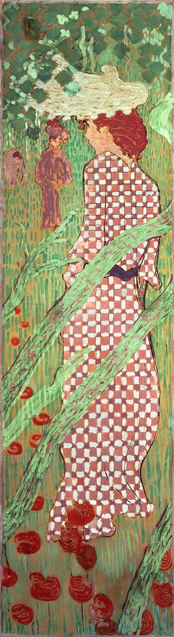 Žena v kostkovaných šatech, jeden ze čtyř panelů obrazu Ženy v zahradě, 1891 (olej na papíře na plátně) od Pierre Bonnard