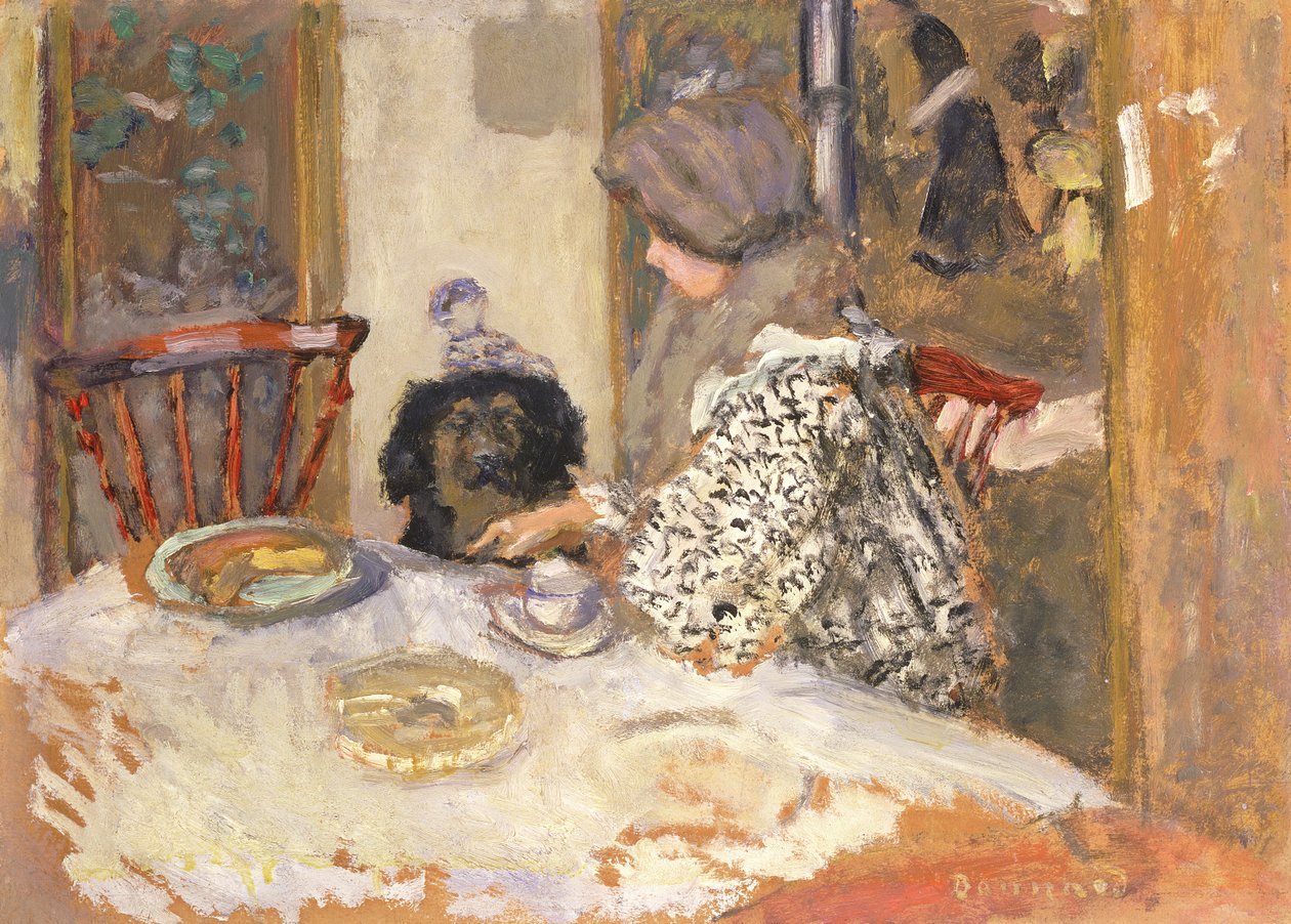 Žena se psem u stolu (olej na palubě) od Pierre Bonnard