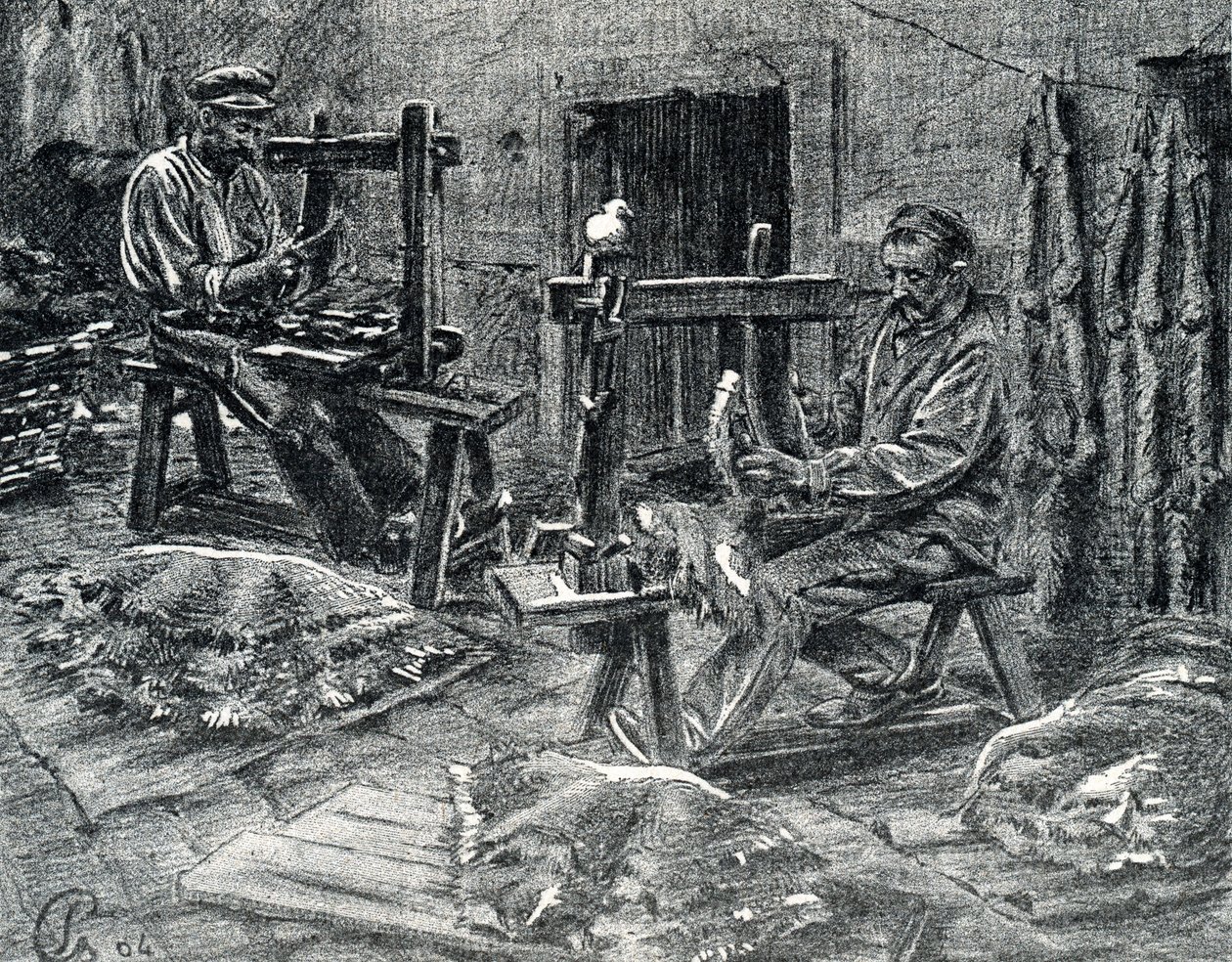Řemeslníci pletí ovčí kůže Rytina z „Excursion a travers les metiers“ od Pierre Calmette Private Collection od Pierre Calmettes