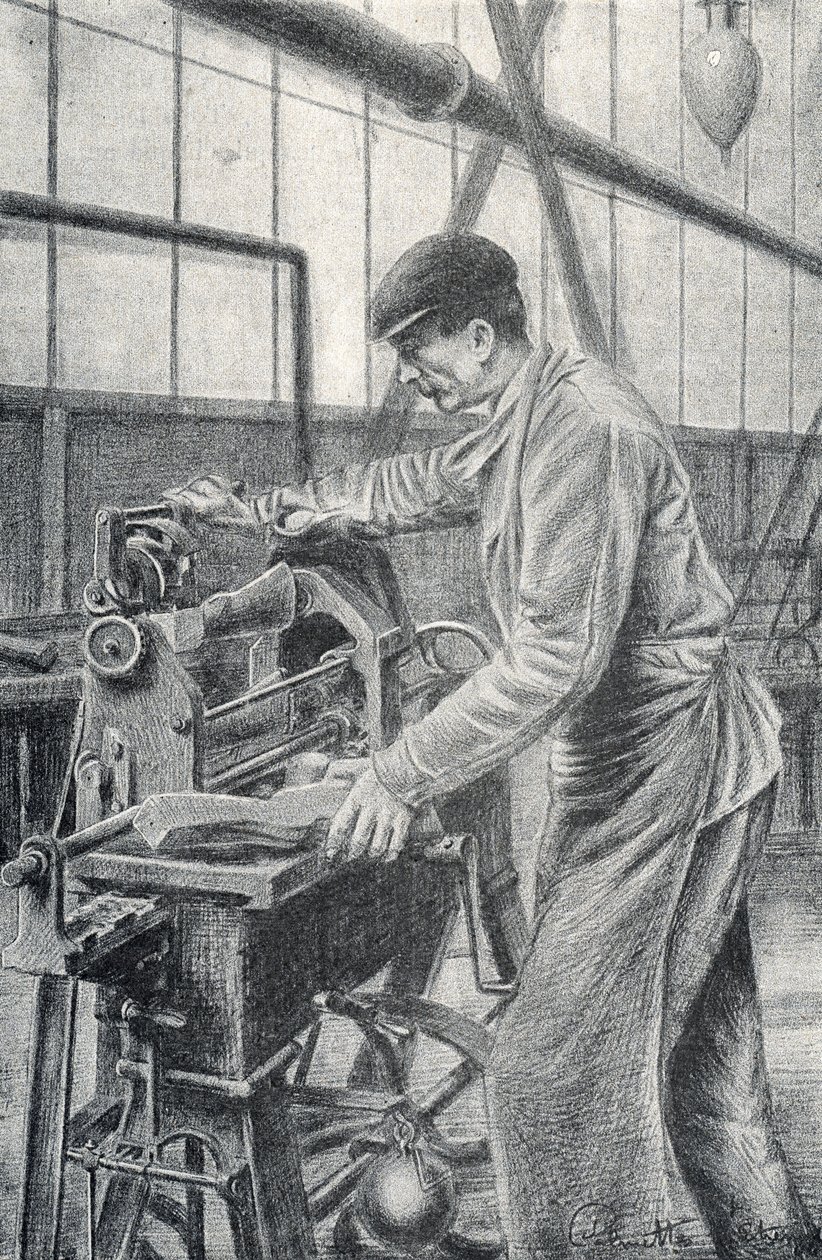 Řezání pažb v továrně na zbraně Gravírování ze soukromé sbírky Pierre Calmette od Pierre Calmettes