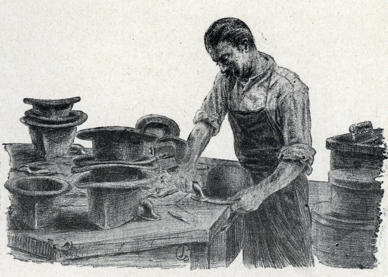 Hatuntekijä: keilahatun reunojen silloittaminen (keilahatun tekeminen) Kaiverrus piirretty Pierre Calmetten yksityiskokoelman "Excursion through the trades" -julkaisusta od Pierre Calmettes