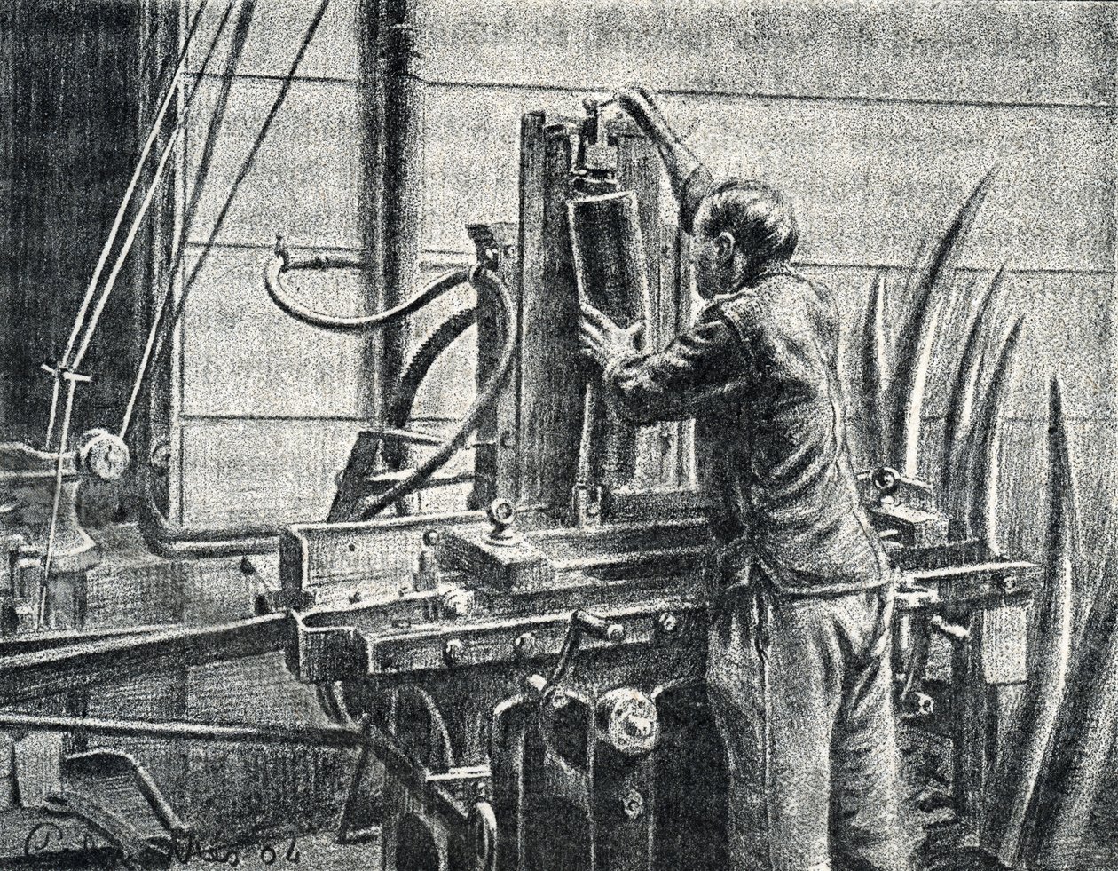 Norsunluukäsityöläinen leikkaa norsun hampaat Kaiverrus Pierre Calmetten yksityiskokoelmasta "Excursion a travers les metiers" od Pierre Calmettes