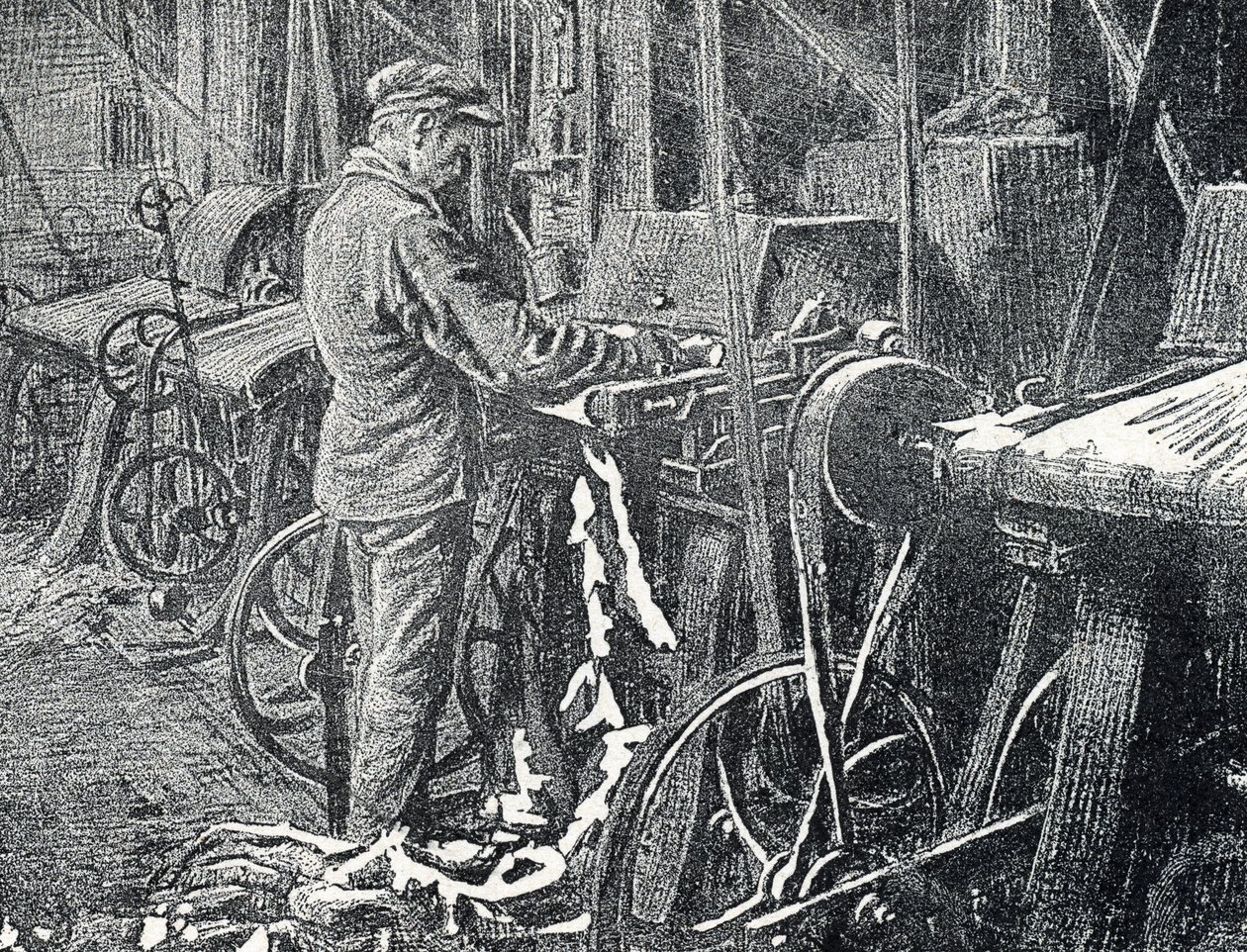Kožedělný průmysl: mechanické sekání kožešin Rytina z „Excursion a travers les metiers“ od Pierre Calmette Private Collection od Pierre Calmettes