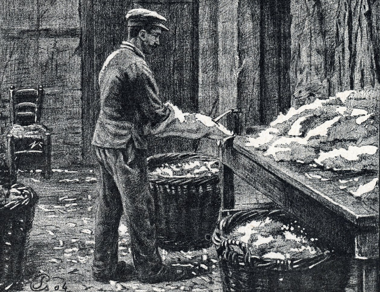 Kůže: štípání králičích kůží na kůži Rytina z „Excursion a travers les metiers“ od Pierre Calmette Private Collection od Pierre Calmettes