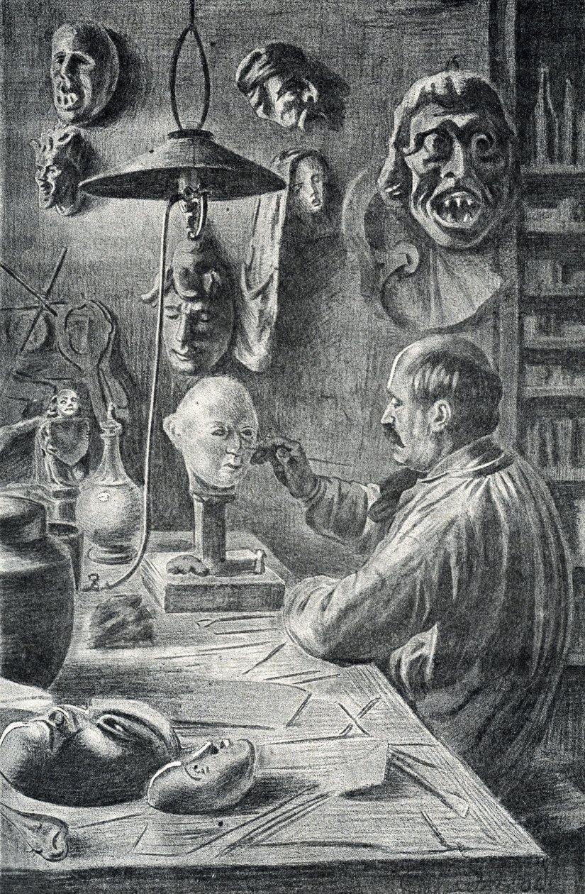 Výroba divadelních a maskovacích masek Rytina z „Excursion a travers les metiers“ od Pierre Calmette Private Collection od Pierre Calmettes