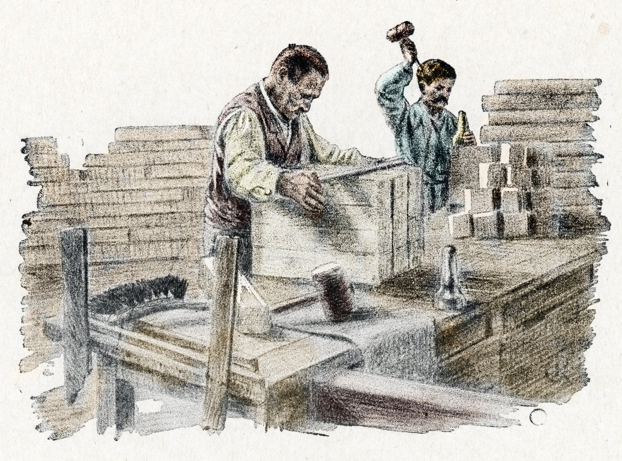 Savonnerie: řezání mýdlových chlebů (výroba kostek mýdla) Rytina z „Exkurze po řemeslech“ od Pierre Calmette Private Collection od Pierre Calmettes