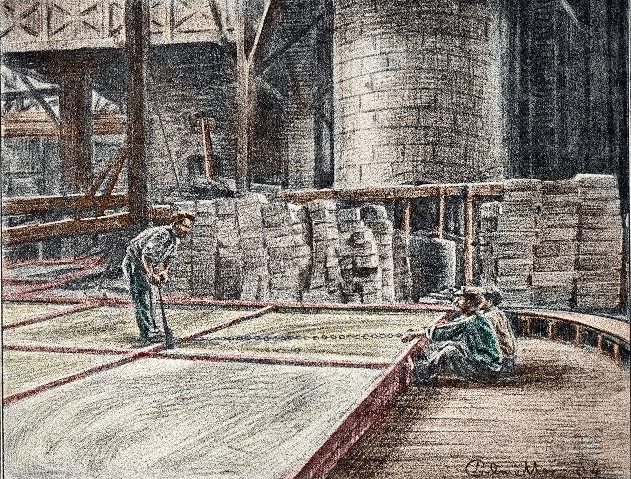 Saippuatehdas: saippuan jakaminen panoksiin (saippuoiden valmistus) Kaiverrus Pierre Calmetten yksityiskokoelmasta "Retki ammateissa" od Pierre Calmettes