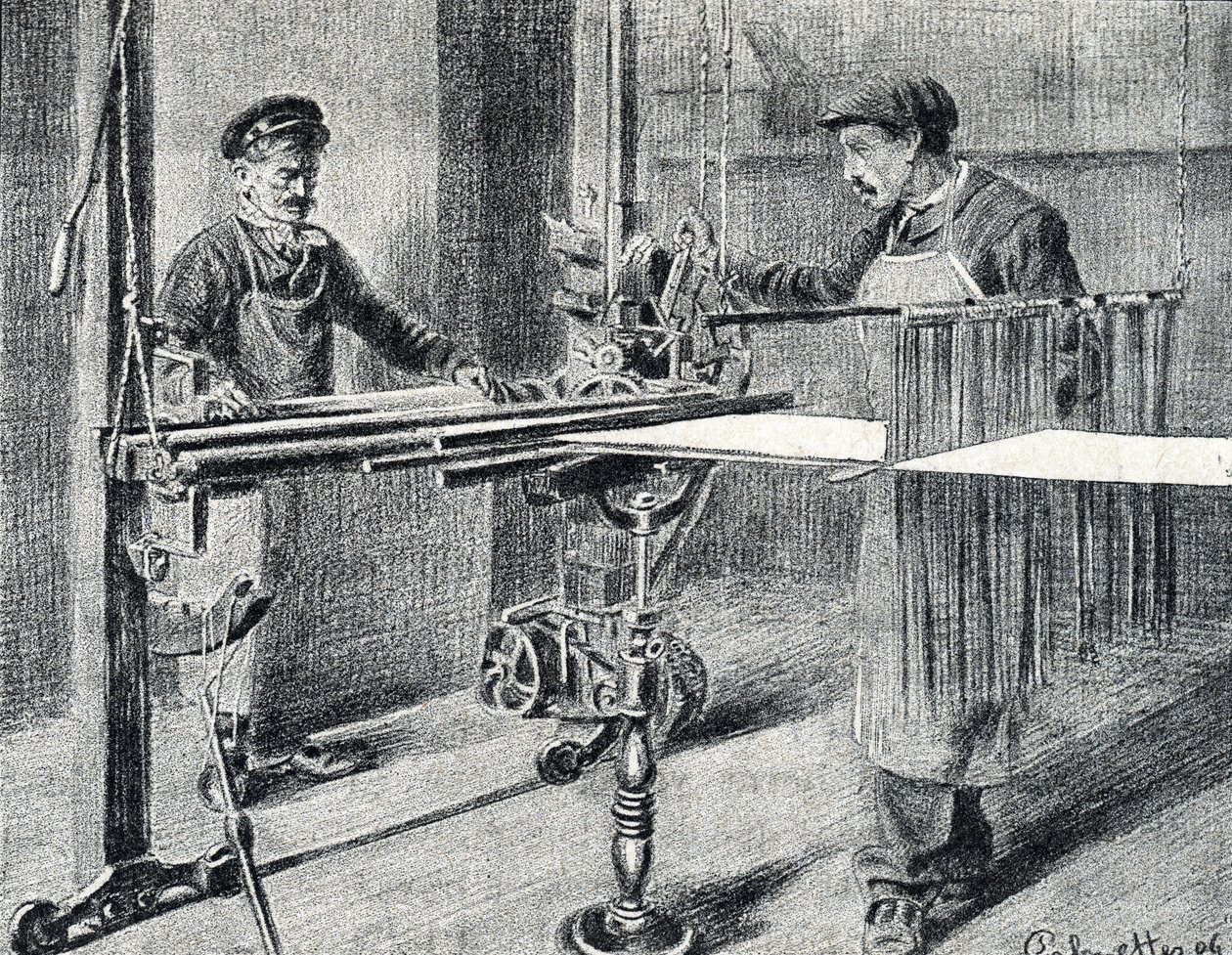 Hedvábná dílna: příprava řetízku u složky (Hedvábná práce) Rytina z „Exkurze po metierech“ od Pierre Calmette Private Collection od Pierre Calmettes