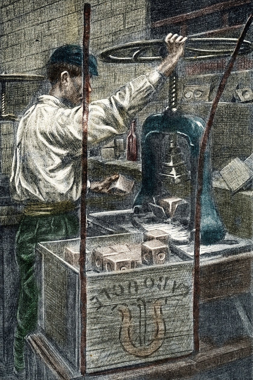 Mýdlárna: ražení značky mýdla Rytina z „Excursion a travers les metiers“ od Pierre Calmette Private Collection od Pierre Calmettes