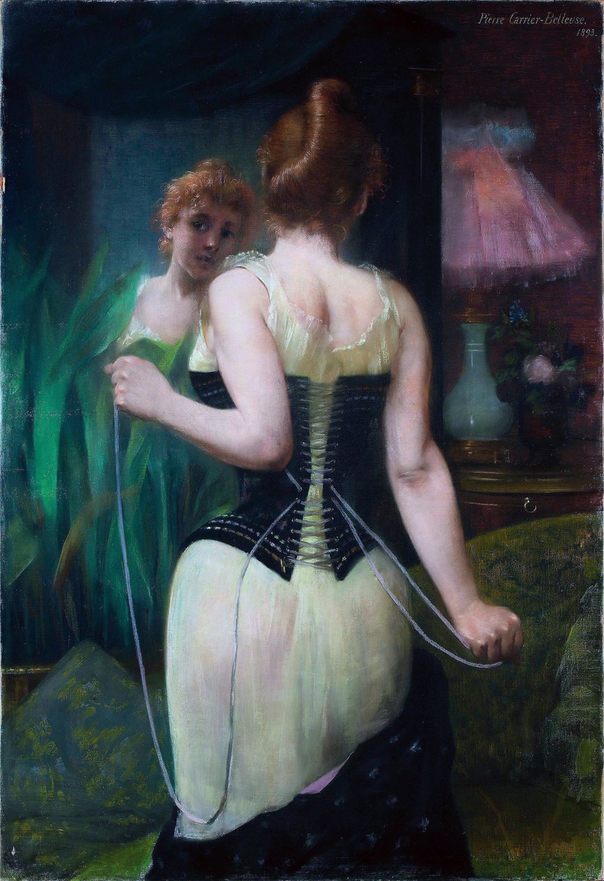 Mladá žena si upravuje korzet - Mladá žena si upravuje korzet - Malba Pierra Carrier Belleuse (Carrier-Belleuse) (1851-1933) od Pierre Carrier Belleuse