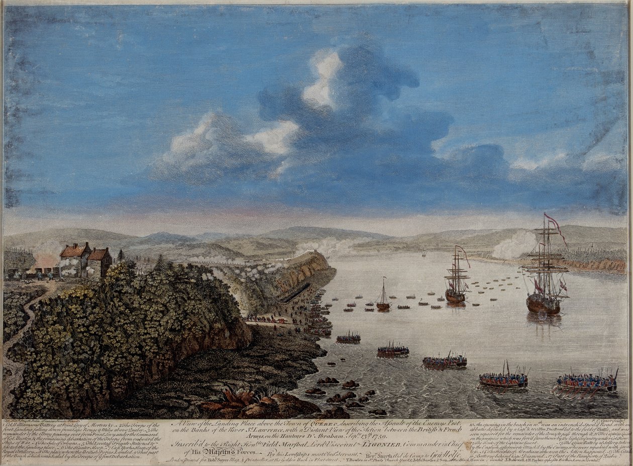 Pohled na místo přistání nad městem Quebec popisující útok...na Hauteurs DE Abraham 13. září 1759, kolem roku 1760 od Pierre Charles Canot