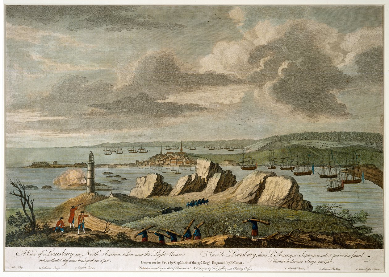 „Pohled na Louisburg v Severní Americe pořízený poblíž Light House, když bylo město v roce 1758 obléháno“ (čárová rytina, kolorovaná) od Pierre Charles Canot