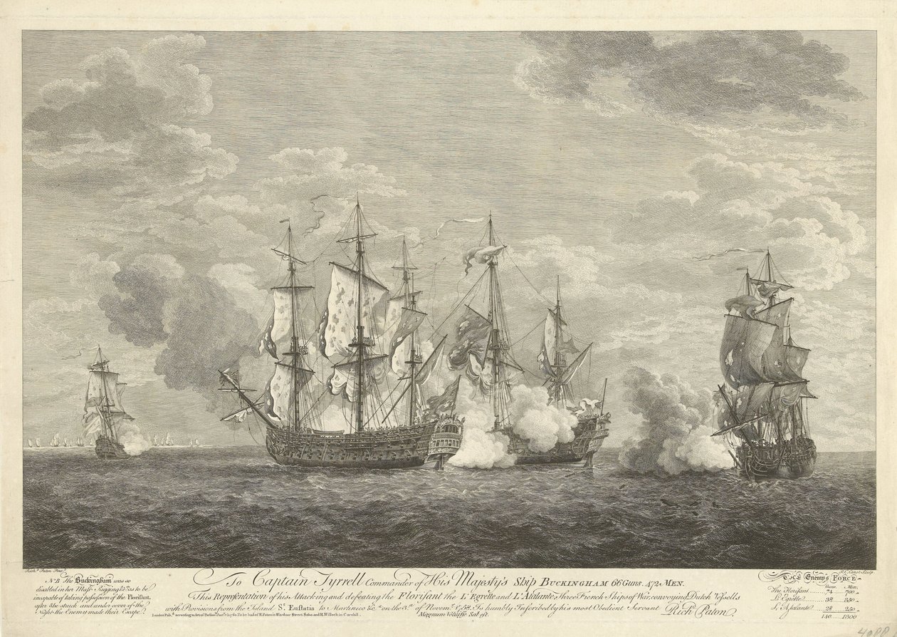 Útok anglické lodi na tři francouzské lodě u St. Eustatius, 1758 od Pierre Charles Canot