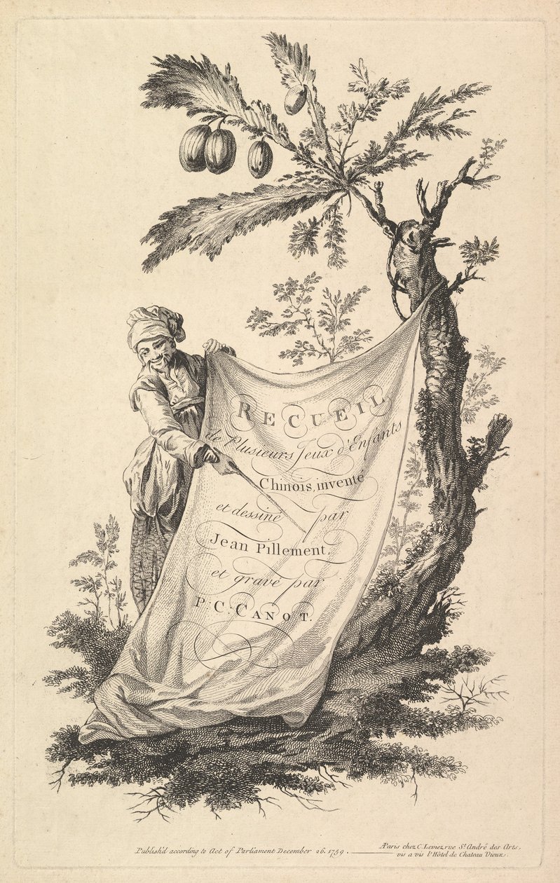 Titulní strana: usměvavý muž drží roh látky přivázaný k fíkovníku a ukazuje s..., 1759. od Pierre Charles Canot