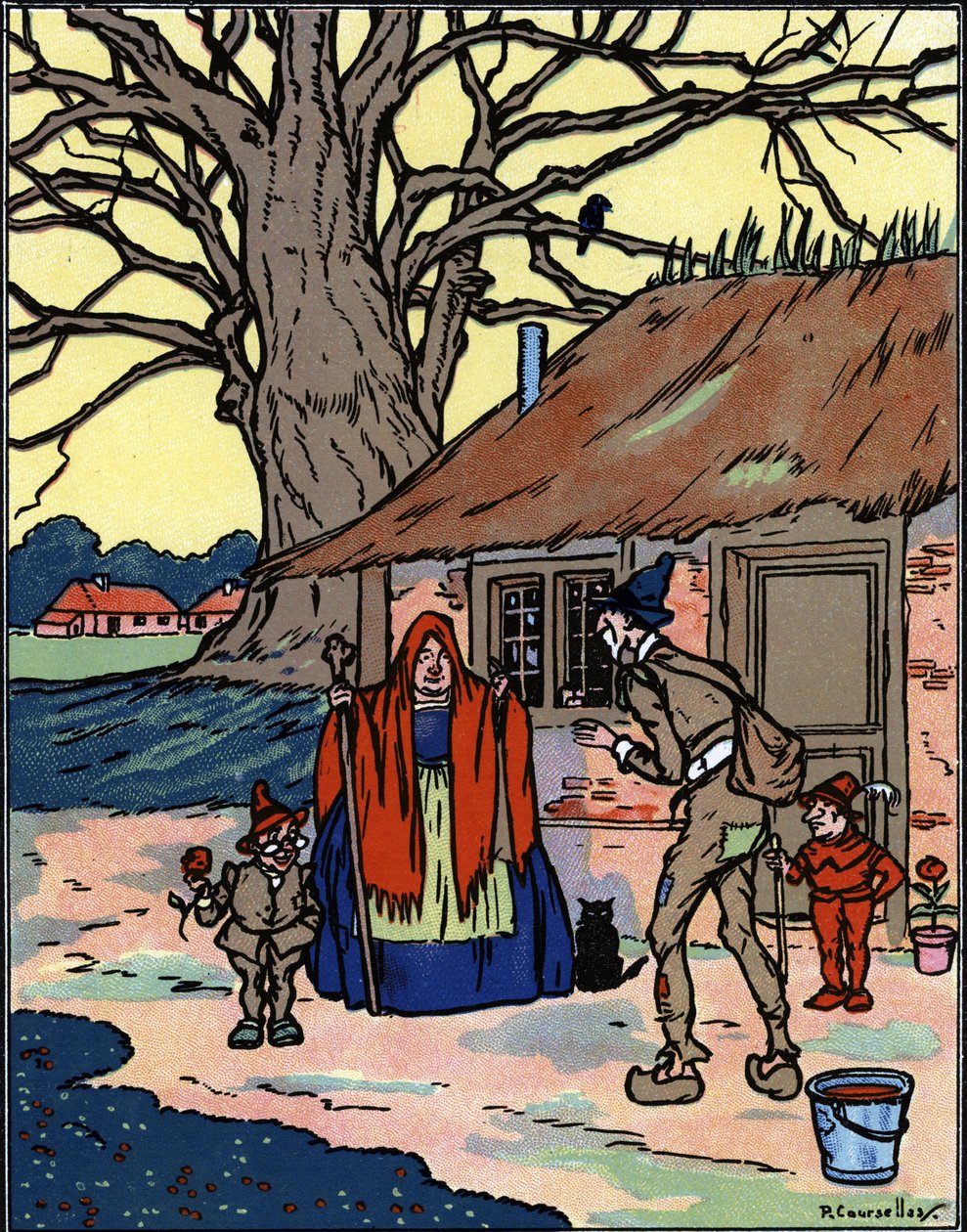 Let Picrochole, který se setkává se starou čarodějnicí Ilustrace Pierre Couselles (zemřel 1938) z „Gargantua“ od Francoise Rabelaise od Pierre Courselles