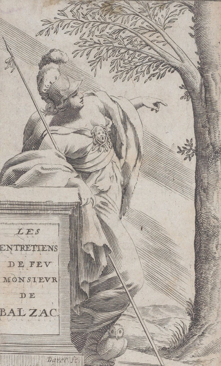 Frontispis, z Rozhovorů se zesnulým panem Balzacem Les Entretiens de Feu Monsieur d..., 1660. od Pierre Daret