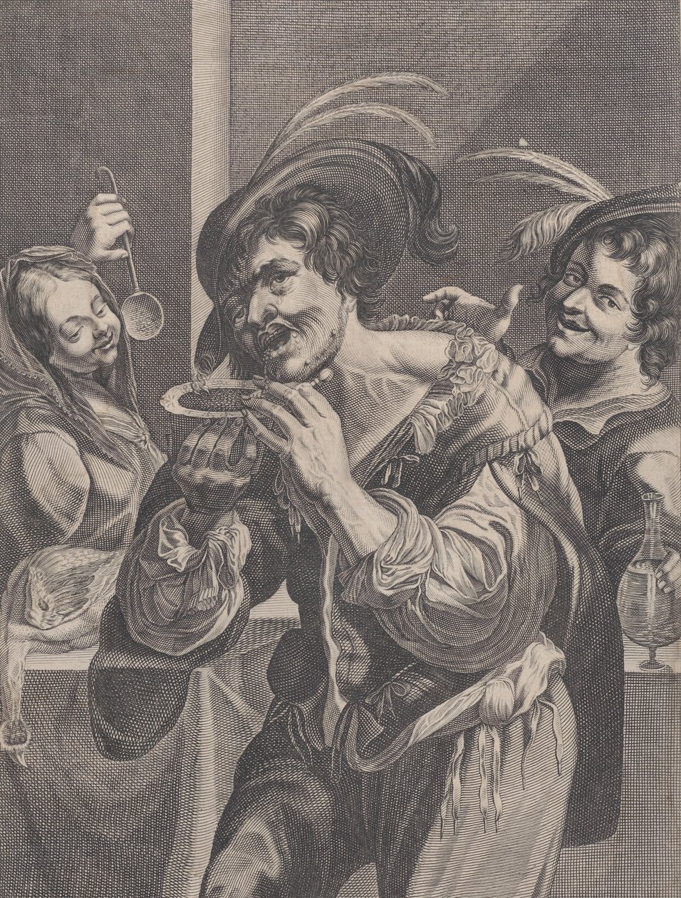 Muž pije polévku, zatímco ho sledují dva lidé, 1624-75. od Pierre Daret
