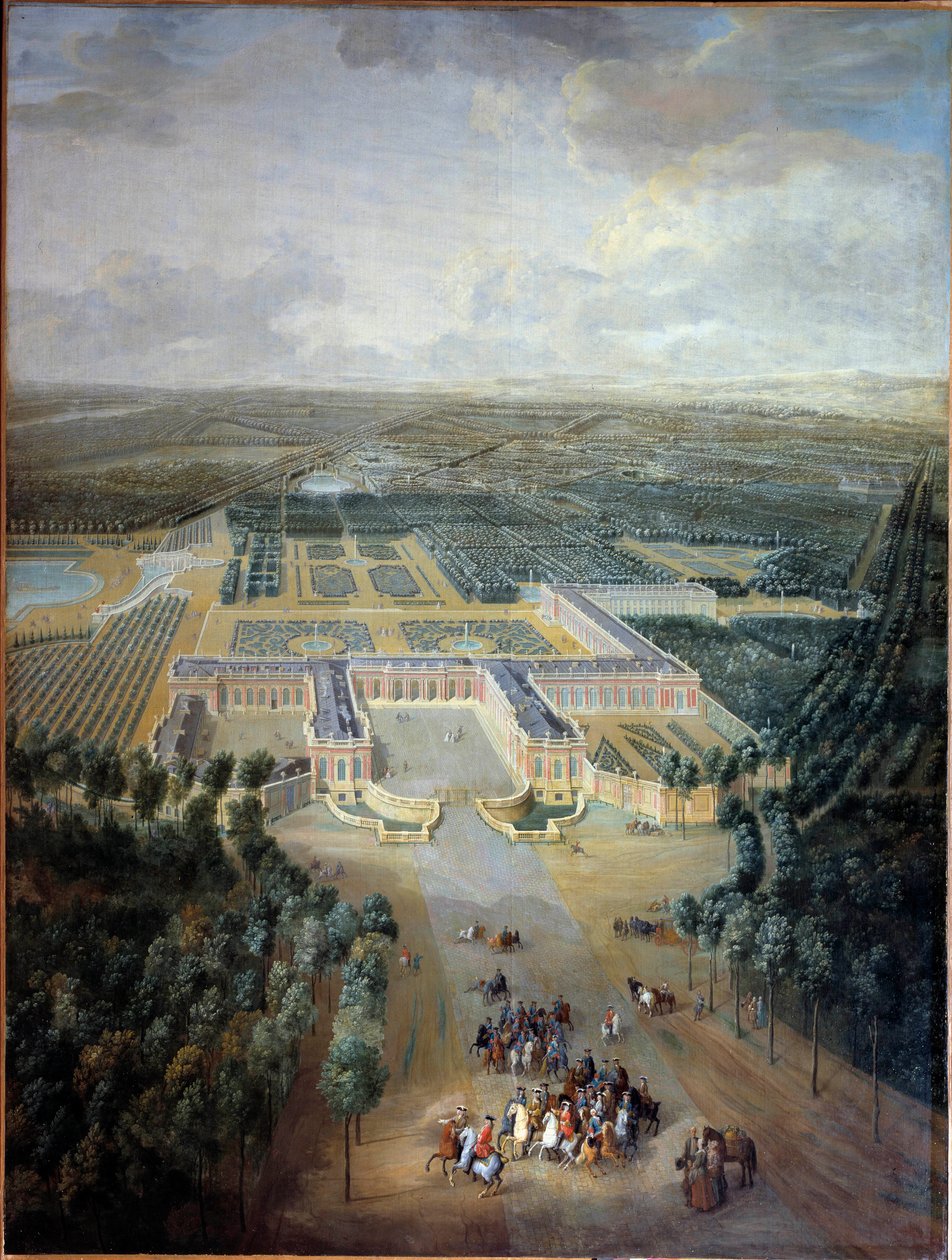 Perspektivní pohled na zámek a zahrady Trianon: promenáda krále Ludvíka XV na koni. Obraz Pierra Denise Martina (1663-1742). 18. století. Ztlumit. 2,96 x 2,23 m. Versailles, musee du Chateau - Perspektivní pohled na zámek a zahrady Tria od Pierre Denis Martin