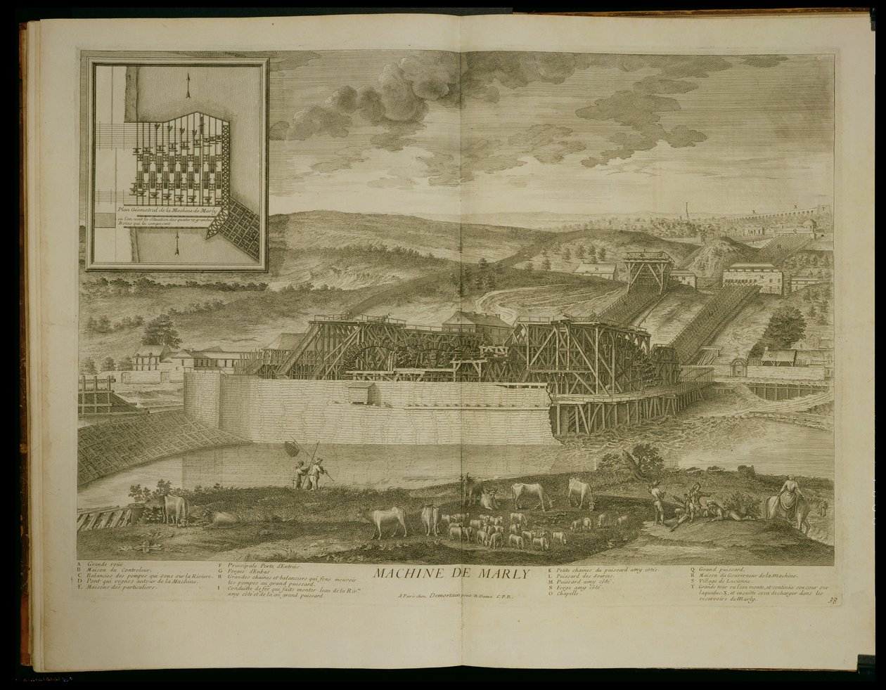 The Machine at Marly, z „Les Plans, Profiles et Elevations des Ville et Chateau de Versailles“, vydané po roce 1724 od Pierre Denis Martin