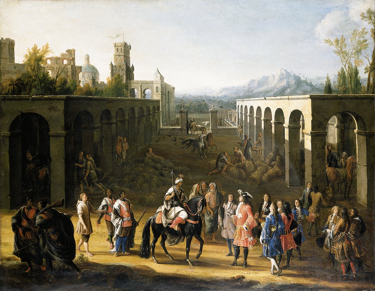 Přijetí Francoise Pidou de Saint Olon, velvyslance francouzského krále Ludvíka XIV., sultánem Moulayem Ismaelem z Maroka dne 19. června 1693 od Pierre Denis Martin