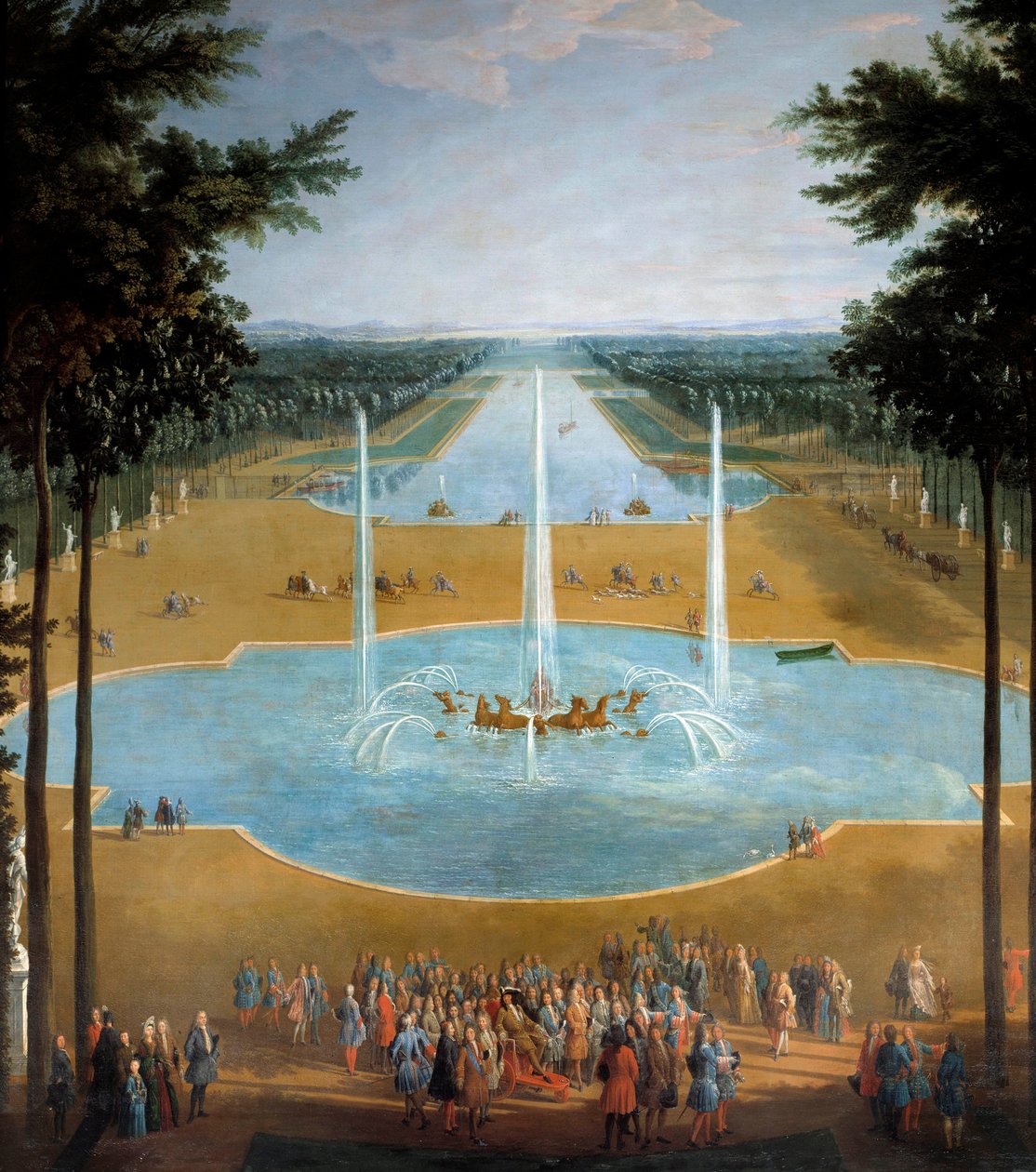 Pohled na Apollónovu pánev a Grand Canal ve Versailles v roce 1713, v popředí: Král Ludvík XIV. (1638-1715) má promenádu kolem roku 1713 Detail obrazu od Pierra Denise Martina (1663-1742) Slunce. 2,6x1,3m od Pierre Denis Martin