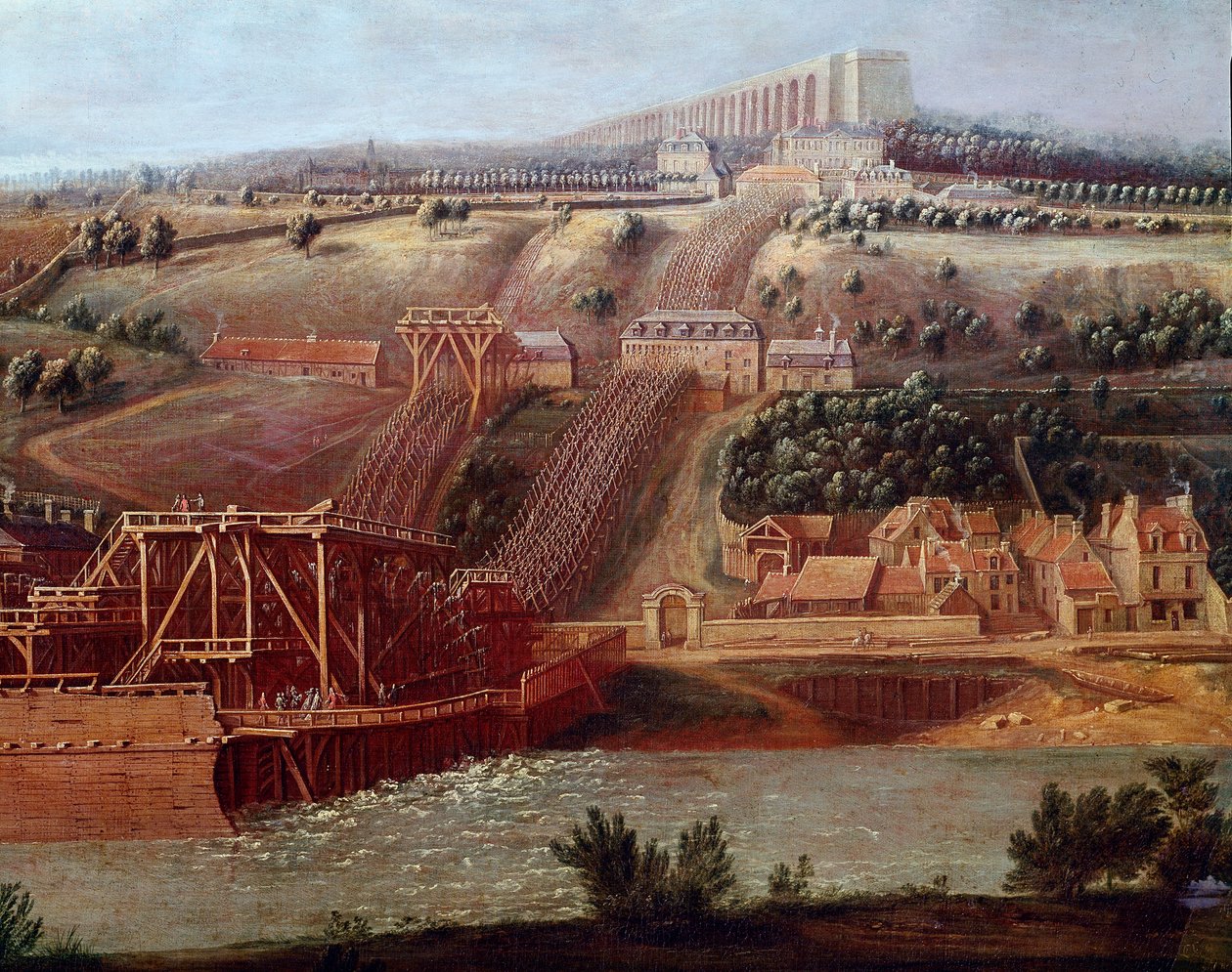 Pohled na stroj akvaduktu Marly instalovaný v Bougival Akvadukt v Louveciennes (neboli Marly) umožňoval zásobovat Versailles vodou Marlyin hrad. Detail. Obraz Pierra Denise Martina (1663-1742) Sun. 1,15x1,65 m Versailles, musee du od Pierre Denis Martin