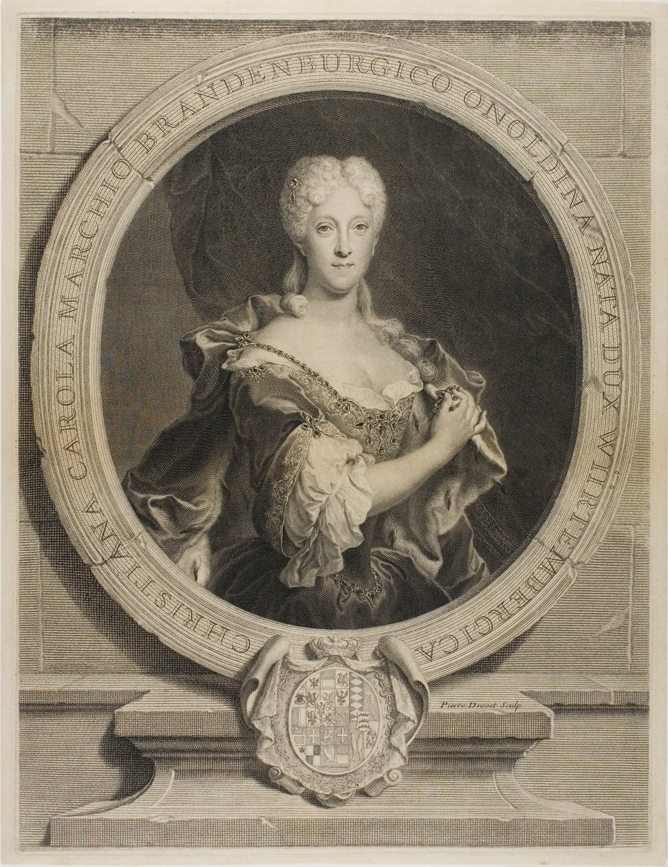 Portrét Christine-Caroline, markrabě Brandenbourg-Onoltzbach, manželka Guillauma-Frédérica z Wurtemburgu, 1694-1723 od Pierre Drevet