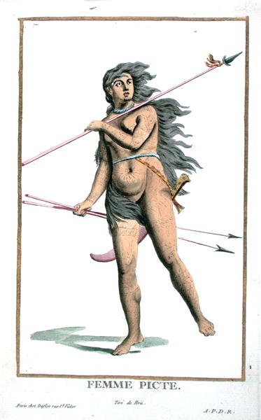 Piktská žena z „Receuil des Estampes, Representant des Rangs et des Dignites, podle Kostýmu všech existujících národů“, vydáno 1780 (ručně kolorovaná rytina) od Pierre Duflos