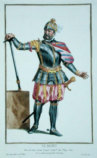 Albert Smělý (1443-1500) saský vévoda z Receuil des Estampes, představující hodnostáře a hodnostáře, podle Kostýmu všech existujících národů, vydaný 1780 (ručně kolorovaná rytina) od Pierre Duflos