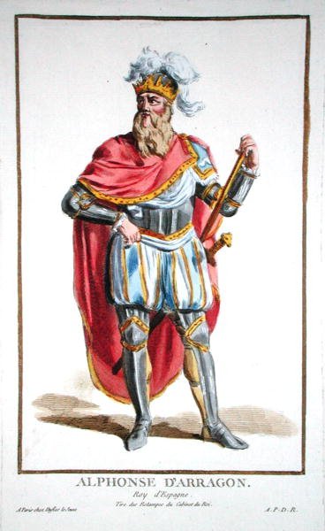 Alfonso V (1396-1458) král Aragonie a Sicílie, z „Recueil des Estampes, představující hodnosti a hodnostáře, podle kostýmu všech existujících národů“, vydané v roce 1780 (ručně kolorovaná rytina) od Pierre Duflos