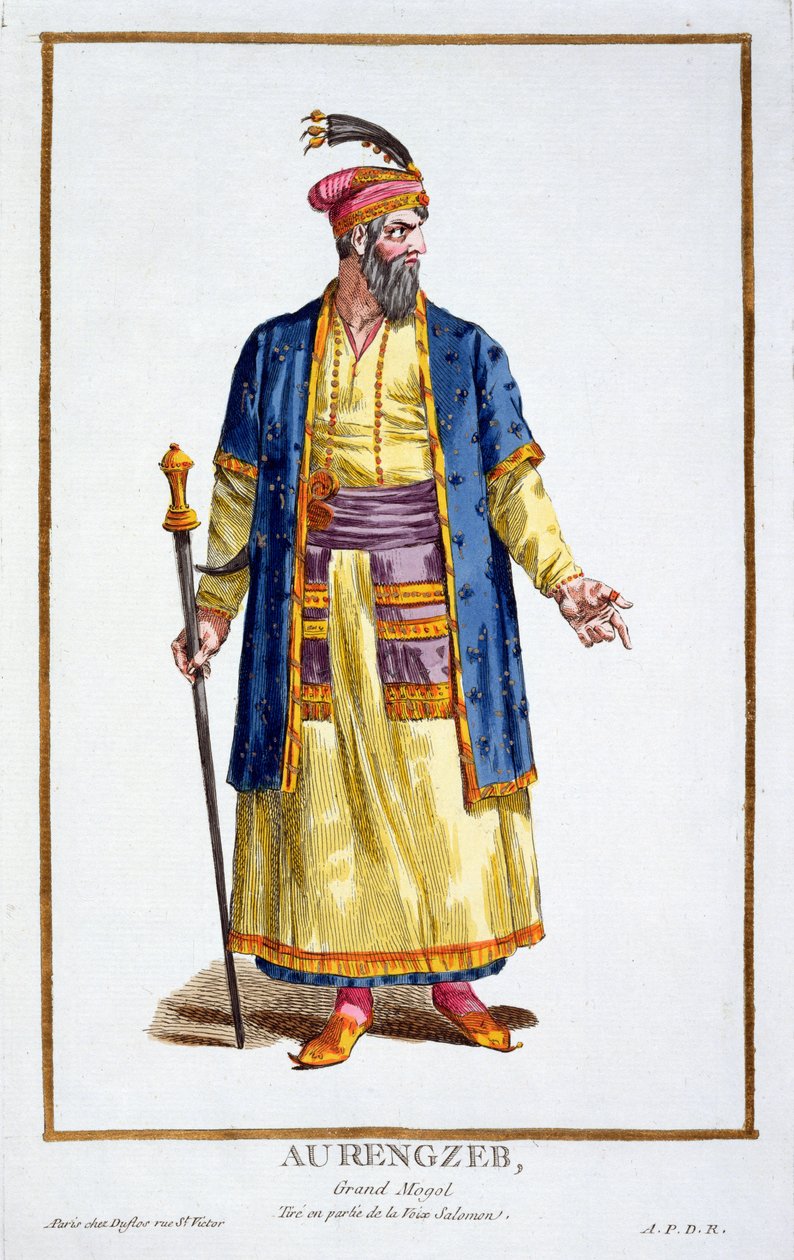 Aurangzeb, velký chán mongolských hord z Recueil des Estampes, představitel les Rangs et des Dignites, podle Kostýmu všech existujících národů, vydaného roku 1780 (ručně kolorovaná rytina od Pierre Duflos