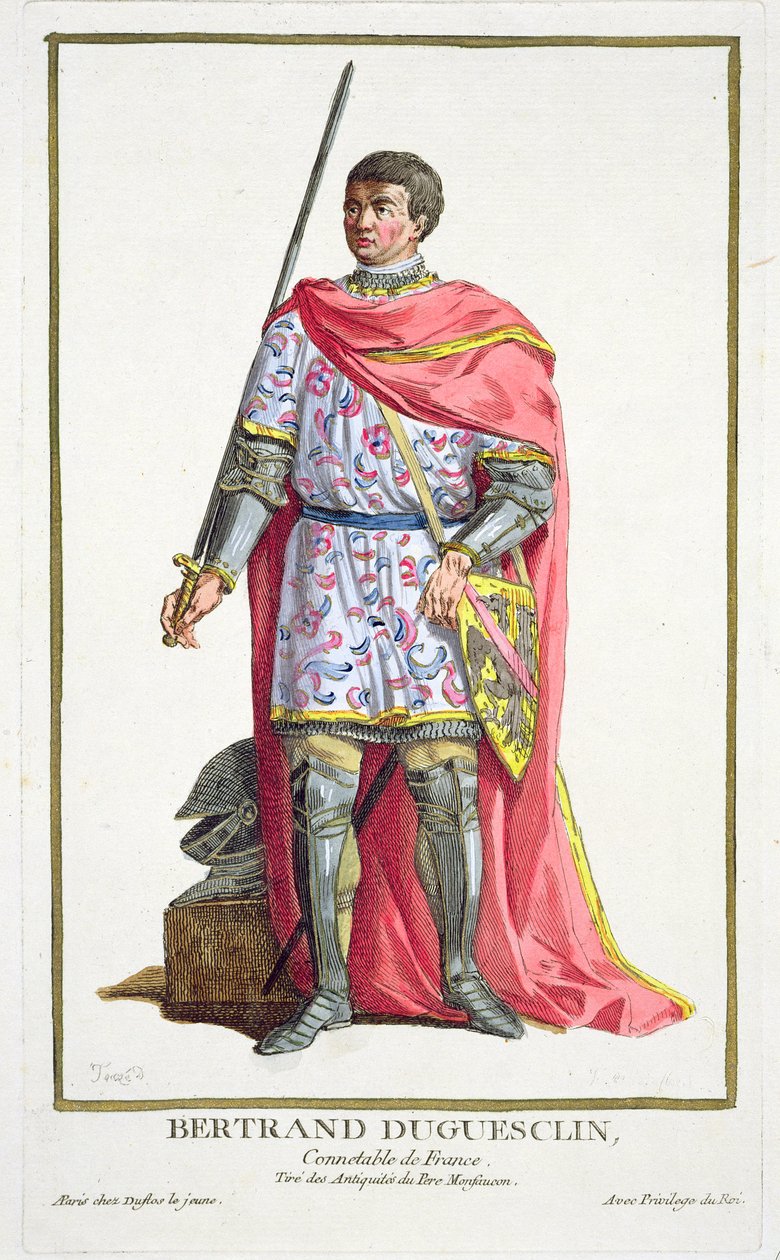 Bertrand du Guesclin (1320-80) z „Receuil des Estampes, Representant des Rangs et les Dignites, podle Kostýmu všech existujících národů“, vydáno 1780 (ručně kolorovaná rytina) od Pierre Duflos