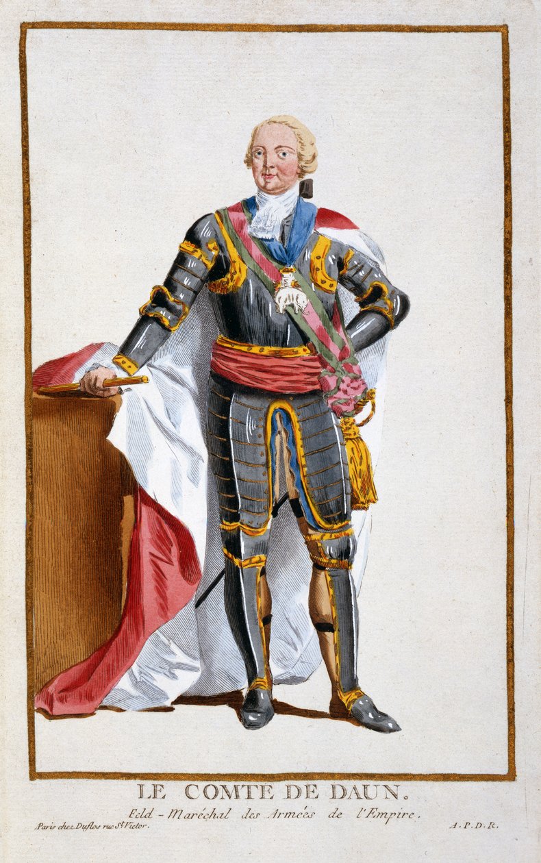 Hrabě de Daun, generál armád Svaté říše římské (1705-66) z Receuil des Estampes, zastupující hodnostáře a hodnostáře podle Kostýmu všech existujících národů, publikovaný 1. od Pierre Duflos