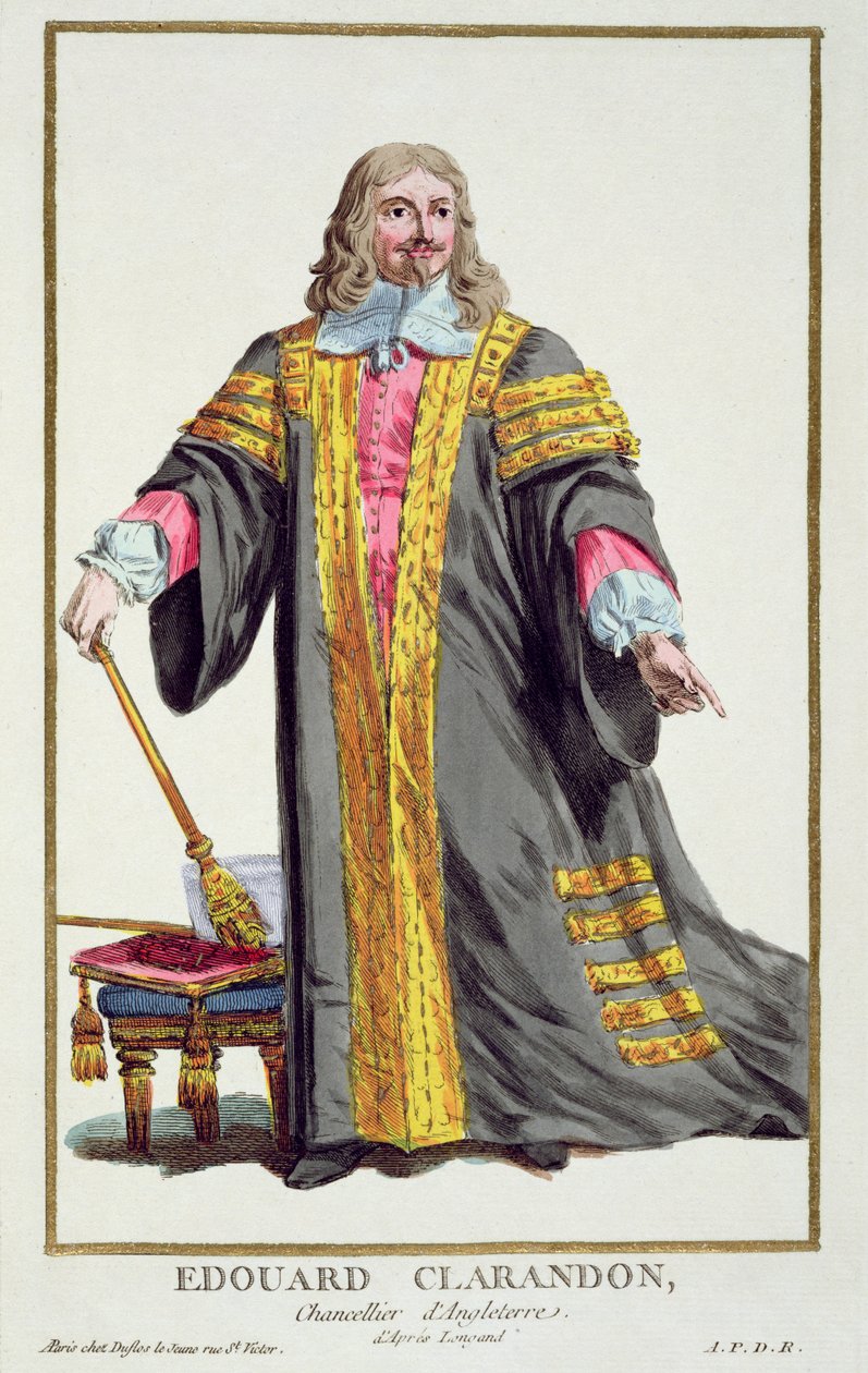 Edward Hyde (1609-74), první hrabě z Clarendonu, z knihy "Receuil des Estampes, representant les Rangs et les Dignites, suivant le Costume de toutes les Nations existantes", vydané v roce 1780 (ručně kolorováno en). od Pierre Duflos