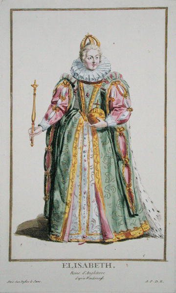 Alžběta I. (1530-1603) z „Receuil des Estampes, představující hodnosti a hodnostáře, podle kostýmu všech existujících národů“, vydáno 1780 (ručně kolorovaná rytina) od Pierre Duflos