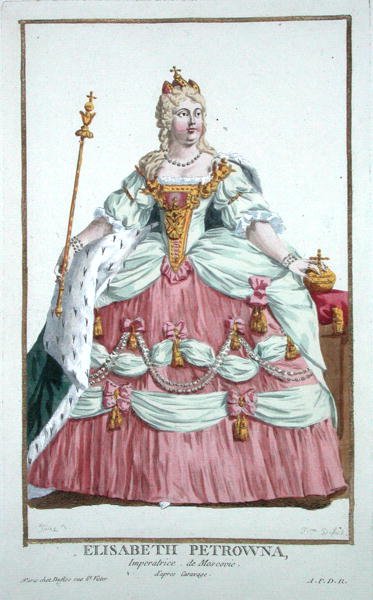 Alžběta Petrovna (1709-62) ruská císařovna (1741-62) z „Receuil des Estampes, reprezentující hodnosti a hodnostáře, podle kostýmu všech existujících národů“, vydáno 1780 (ručně kolorovaná rytina) od Pierre Duflos