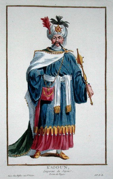Císař Kaugun ze „Sbírky tisků, představujících hodnosti a hodnostáře, podle kostýmu všech existujících národů“, vydané v roce 1780 (ručně kolorovaná rytina) od Pierre Duflos